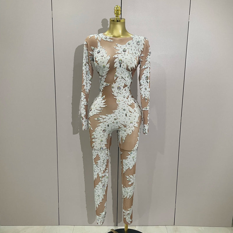 Women Celebrate Nightclub Party Dancer Performance Wear Sexy Stage Costume Crystal High Stretch Bodycon Long Sleeve Jumpsuit