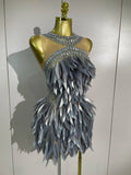 Women Eveing Birthday Prom Sparkly Diamond 3D Acrylic Leaf Mesh Transparent Mini Dress Luxury Party Nightclub Bar Stage Costume
