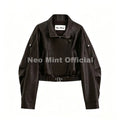 Chic Street Fashion Girls Brown Cropped Faux Leather Jacket Women Funnel Neck Loose Motorcycle Short PU Leather Coat