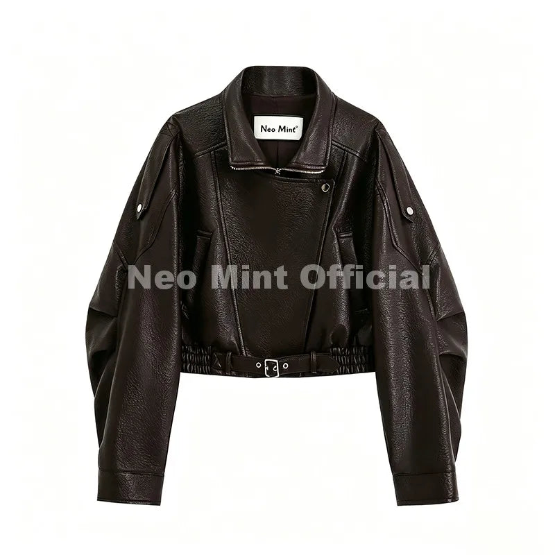 Chic Street Fashion Girls Brown Cropped Faux Leather Jacket Women Funnel Neck Loose Motorcycle Short PU Leather Coat