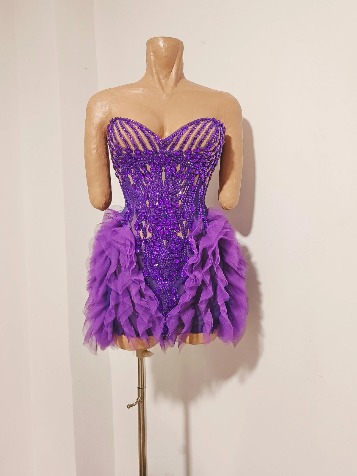 Sparkly Purple Diamonds Mesh Ruffled See Through Mini Dress Women Sexy Strapless Birthday Evening Party Nightclub Stage Costume