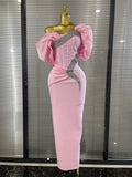 Pink Color Women Sexy Off the Shoulder Puff Sleeve Shining Rhinestones Bodycon Long Bandage Dress Evening Party Cocktail Wear