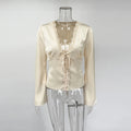 Elegant Summer Tops Women's Fashion Solid V-Neck Lace-Up Long Sleeve Tops New Chic Casual Office Lady Women's T-Shirts