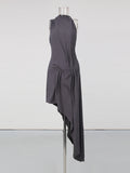 Solid Loose Spliced Folds Chic Dress for Women O Neck Sleeveless Irregular Luxury Dresses Female Summer Fashion New