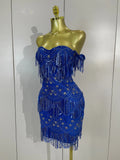 Women Blue Off The Shoulder Shiny Sequined Tassel Bodycon Mini Dress Eveing Celebrity Party Prom Birthday Club Dress Vestidos
