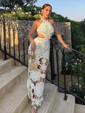 Sexy Hollow-out Crochet Dress Women Fashion Solid Sleeveless Backless Halter Maxi Dresses 2026 Summer Lady Vacation Lace Robe