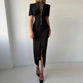 Elegant Solid Buttons Long Dress Women Waist Cinched Shoulder Pads High Collar Slit Dresses 2026 Spring Summer Lady Party Robes