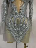 Sparkly Rhinestones Sexy Mesh Transparent Mini Dress Eveing Birthday Party Dance Nightclub Fashion Show Stage Costumes