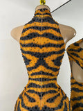 Sparkly Crystal Tiger Stripe Print Women Sexy Sleeveless Stretch Hollow Out Jumpsuit Nightclub Stage Performance Dance Costume