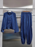 Solid Spliced Buttons Two Piece Set Female Stand Collar Long Sleeve Top Retro Chinese Women's Trousers Sets Fashion
