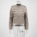 Women Double-Breasted Stand Collar Cropped Jacket Long-Sleeved Solid Zipper Metal Button Fashion Street Coat Autumn Winter