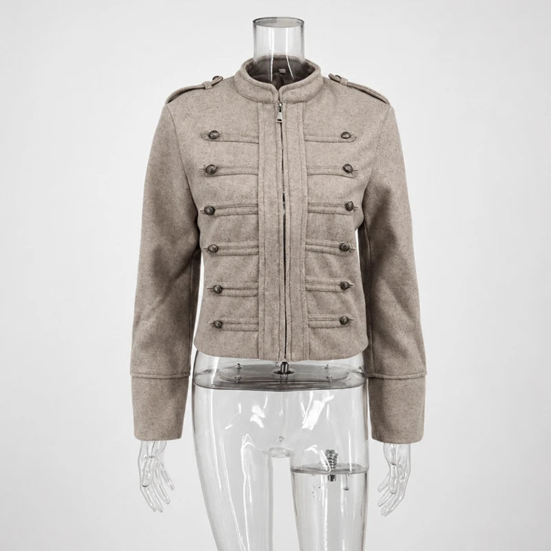 Women Double-Breasted Stand Collar Cropped Jacket Long-Sleeved Solid Zipper Metal Button Fashion Street Coat Autumn Winter