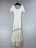 Romantic Dates Brown Ribbed Knit Mermaid Dresses for Women U Neck Short Sleeve Lace Trimmed Midi Skirt for Office Commute