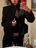 Black Loose Spliced Buttons Chic Jackets for Women Lapel Long Sleeve Commute Basics Jacket Female Summer Fashion