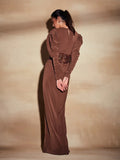 Women Brown Beaded Corset Design Maxi Dress V Neck Long Sleeves Waist Cinching Slim Dresses Fashion Evening Party Gowns