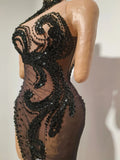 Sparkly Diamond Sexy Black Mesh Asymmetric Bodycon Mini Dress Women Nightclub Bar Party Show Gogo Dancer Clothing Stage Costume