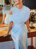 Patchwork Shawl Bodycon Party Maxi Dresses for Women O Neck Short Sleeve High Waist Evening Temperament Folds Dress Female