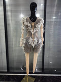 Sparkly Silver Diamond 3D Butterfly Sheer See Through Bodycon Jumpsuit Eveing Party Birthday Bar Nightclub Sexy Stage Costumes