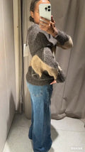 Women's Brown Beige Plaid Knitted Sweater Fashion Off Shoulder Patchwork Loose Blouse Lady Autumn Winter Casual Outerwear