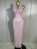 Elegant Evening Party Prom Gown Birthday Dress Women Shining Rhinestones Sexy White/Pink Mesh Halter Bodycon Long Bandage Dress