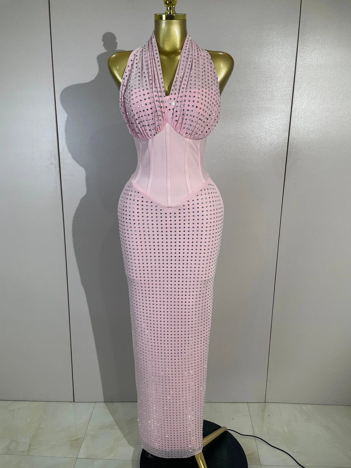 Elegant Evening Party Prom Gown Birthday Dress Women Shining Rhinestones Sexy White/Pink Mesh Halter Bodycon Long Bandage Dress