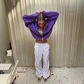Casual Purple Fleece Jacket Womens Stand Collar Contrast Zip Loose Fit Pockets Coat Fall Winter Sporty Outdoor Streetwear Wear