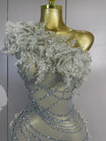 Women One Shoulder Mesh See Through Mini Dress Sexy Sparkly Rhinestones Birthday Evening Celebrate Party DJ Nightclub Stage Wear