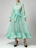 Solid Chic Soft Floral Hollow Out Sheer Flowy Shirt Midi Dress For Women Lapel Long Sleeve Belted Ruffle Hem Vacation Outfit