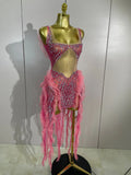 Sexy Mesh Ruffle See-Through Pink Mini Dress Women Sparkly Rhinestone Evening Gown Show Girl Night Club Star Performance Costume