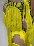 Yellow Tassel Stretch Bodycon Jumpsuit Nightclub Gogo Dance Clothing Dj Rave Outfit Nightclub Party Singer Performance Outfit