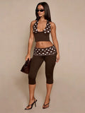 Patchwork 2-Piece Set Women Backless Halter Low-Neck Vest+Folds Elastic Waist Short Fashion Polka Dot Print Suits