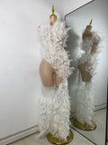 Women Sexy Luxury Rhinestone Mesh Feather Sheer See Through Long Celebrity Birthday Dress Cocktail Nightclub Performance Costume