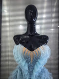 Skyblue Women Sexy Strapless Mesh Ruffle Shining Crystal Bodycon Mini Dress Celebrate Nightclub Party Bar Singer Show Stage Wea