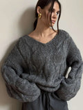 Women's Cable Knit Sweater V Neck Long Sleeve Oversized Loose Chunky Twist Pullover Tops Casual Autumn Retro Commute Top