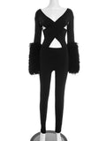 Cross Hollow Jumpsuit Women Sexy Fit Fur Patchwork Full Sleeve Workout Activity Streetwear Stretch Tight Overalls