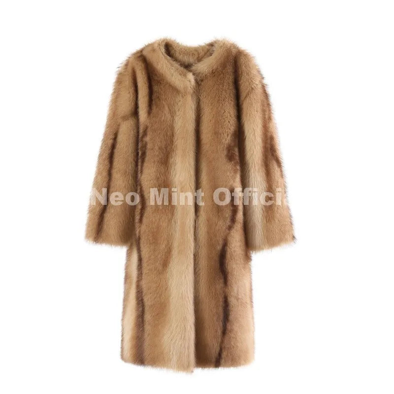 Luxury Runway Fashion Striped Long Faux Fur Coat Women Winter Fluffy Furry Eco Fox Fur Jacket Girls Overcoat Outerwear