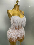 Sexy Pearl Sequins Tassel Sleeveless Glitter Mini Dress Women Singer Bar Nightclub Stage Performance Clothing Show Outfit