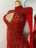 Sparkly Rhinestone Women Sexy Mesh See Through Floor Length Long Sleeve Birthday Dress Party Nightclub Stage Wear
