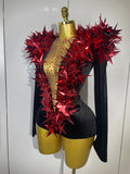 New Shiny Black Rhinestone Velvet Long Sleeve Bodysuit Women Evening Party Club Gala Hosts NightClub Bar Stage Costumes