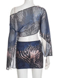 Y2K 2 Piece Set Women Tiger Str Slanted Shoulder Split Sleeve Mesh Crop Tops+Peach Hip Skirts Matching Street Outfits