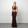 Women Metallic Trim 2 Piece Set Halter Deep V Cutout Crop Top High Waist Ruched Draped Mermaid Skirt Suit Lady Evening Outfit