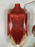 Red Rhinestones Skinny Bodysuit Women Sexy Long Sleeve Tassel Performance Singer Dance Costume Nightclub Celebrate Stage Wear