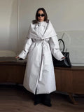 Detachable Triangle Shawl Long Puffer Coat Stand Collar Waist Tie Belt Button Solid Loose Women Coats 2026 Winter Commute Outfit