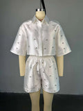 Fashion Beading Women's Set 3/4 Sleeve Shirt Tops and Shorts Sets  Summer Street Two 2 Piece Sets Outfits Tracksuit