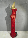 Women Red Strapless Mesh Mermaid Maxi Dress Vertical Red Rhinestone Long Gown Birthday Party Prom Singer Stage Evening Outfit