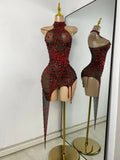 Sparkly Rhinestone Shining Women Sexy Bodycon See Through Irregular Hem Mini Dress Birthday Party Performance Costume