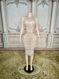 Silver Crystals Fringes Rhinestones Sexy Transparent Party Dress Natural for Birthday Prom Evening Bar Outfit Dancer Costume