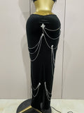 2025 Women Sparkly Diamonds Tassels Chain Balck Sexy Halter Backless Long Dress Evening Birthday Party Celebrate Stage Costume