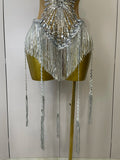 Sliver Sequins Shining Diamonds Sexy Mesh Long Tassel Bodysuit Women Nightclub Party Birthday Stage Performance Costume