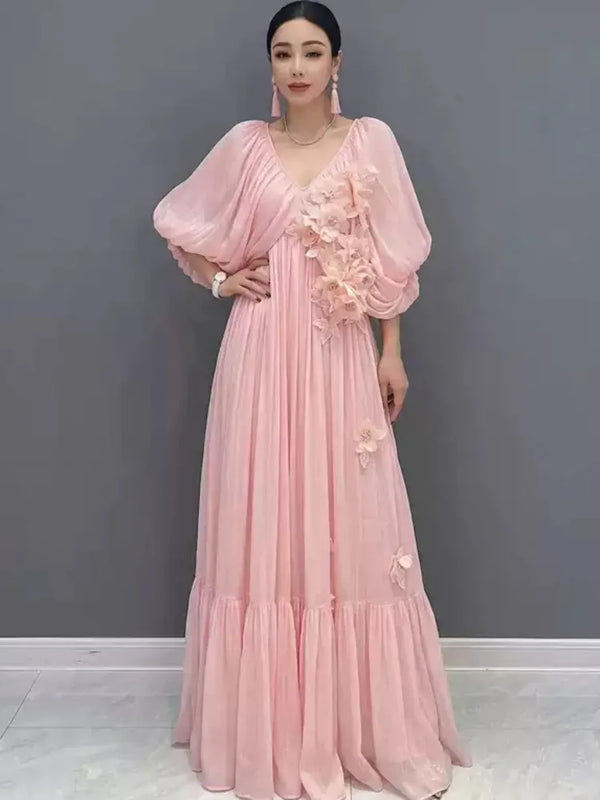 Women Maxi Dresses V Neck Lantern Sleeve 3D Flower Ruffle Hem Big Swing Elegant Vacation Summer